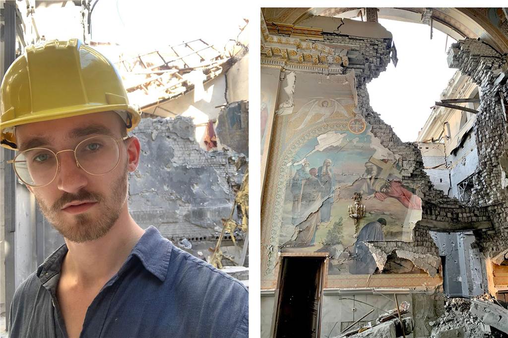 Alltag im Ukraine-Krieg: Victor (24) aus Schwerte filmt in den Trümmern Victor Nordland in der zerstörten Verklärungskathedrale von Odessa.