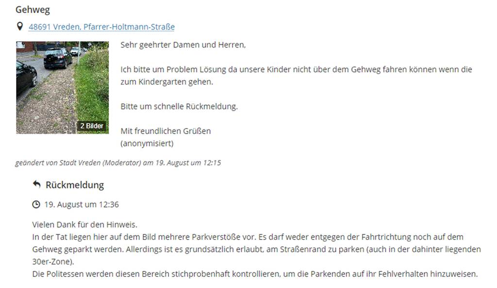 „Vreden direkt“ geht durch die Decke: 146 Meldungen im Online-Portal In diesem Beispiel meldet ein anonymer Nutzer der Plattform mehrere Parkverstöße.