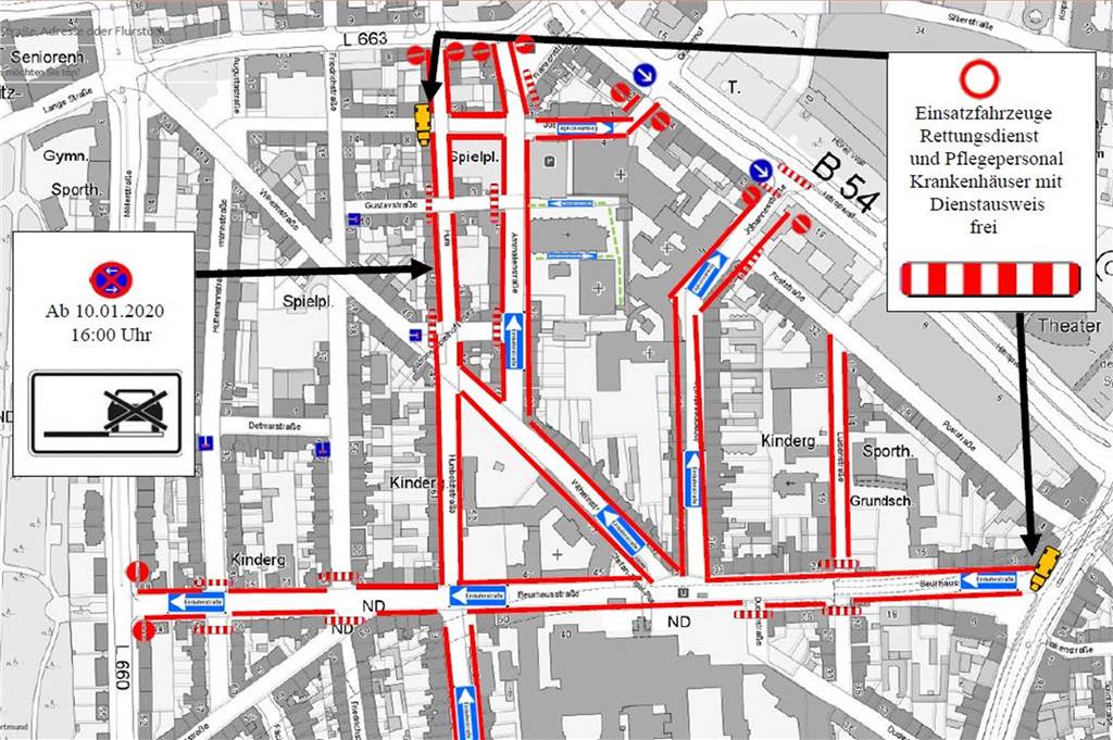 Mega-Evakuierung hat massive Folgen für gesamten Dortmunder ÖPNV und den Bahnverkehr In diesem Bereich gelten Halteverbote und Einbahnstraßen-Regelungen.