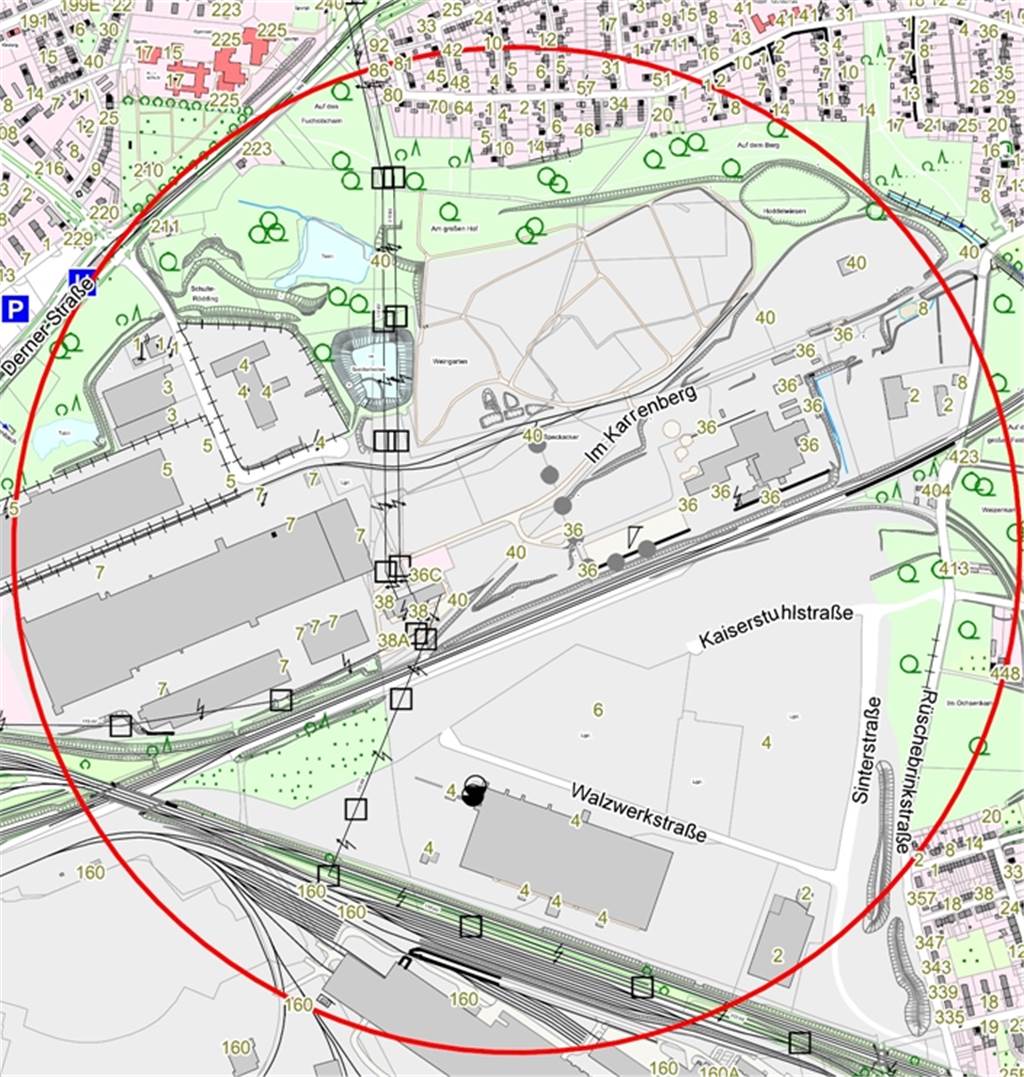 In diesem Radius muss evakuiert werden. Das hat Auswirkungen auf den Bahnverkehr sowie für mehrere Firmen und etwa 350 Anwohner.