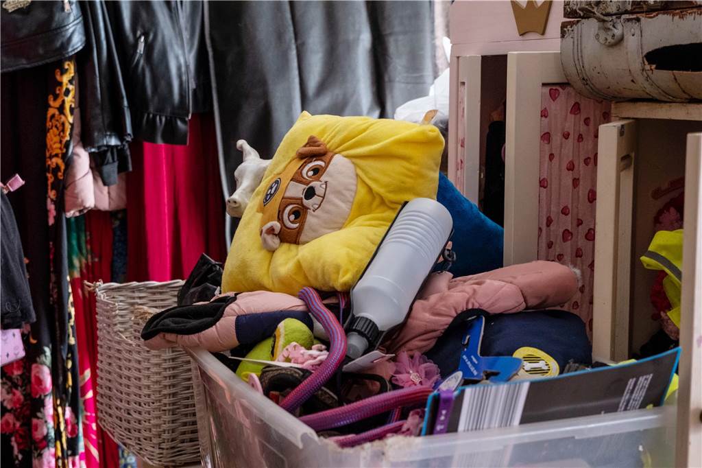 Zu Besuch im Hunde-Haus in der Nordstadt: „Ich war Mami für die“ Ein Plastikbox mit diversen Hundeutensilien. Ein gelbes Kissen mit einem Hundegesicht liegt oben auf.