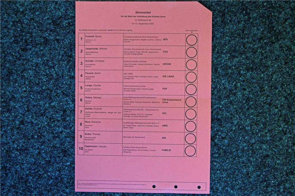 Gelochte Scheine und eigentümliche Nummern - seltsame Stimmzettel 2020 In kräftigem Rot ist der Stimmzettel für die Kreistagswahl gehalten.