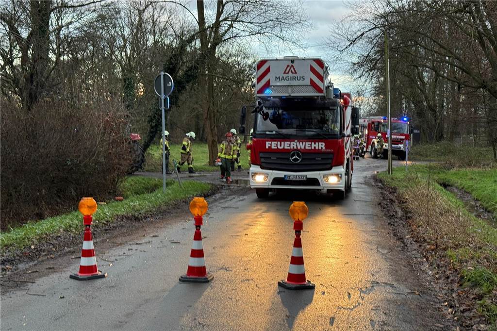 Sperrung bei Sturmeinsätzen: Feuerwehr sicherte Baum und Verkehrsschild Eine gesperrt Straße, dahinter ein Feuerwehrwagen und Feuerwehrmänner