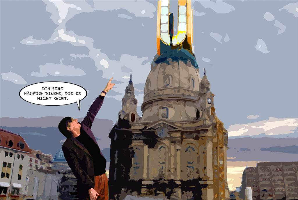 Wie die „Fliegenden Bilder“ auf den U-Turm kamen In seiner „Graphic Novel“ lässt Adolf Winkelmann das Dortmunder U auch auf die Dresdener Frauenkirche versetzen.