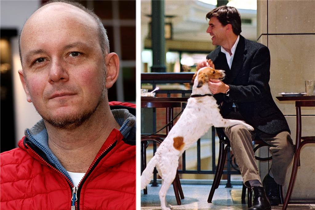 Hunde in Halterner Restaurants: willkommen, geduldet oder verboten? Christian Zehren vor seinem Lokal Rossini in der Halterner Innenstadt und Mann mit Hund in einem Restaurant.