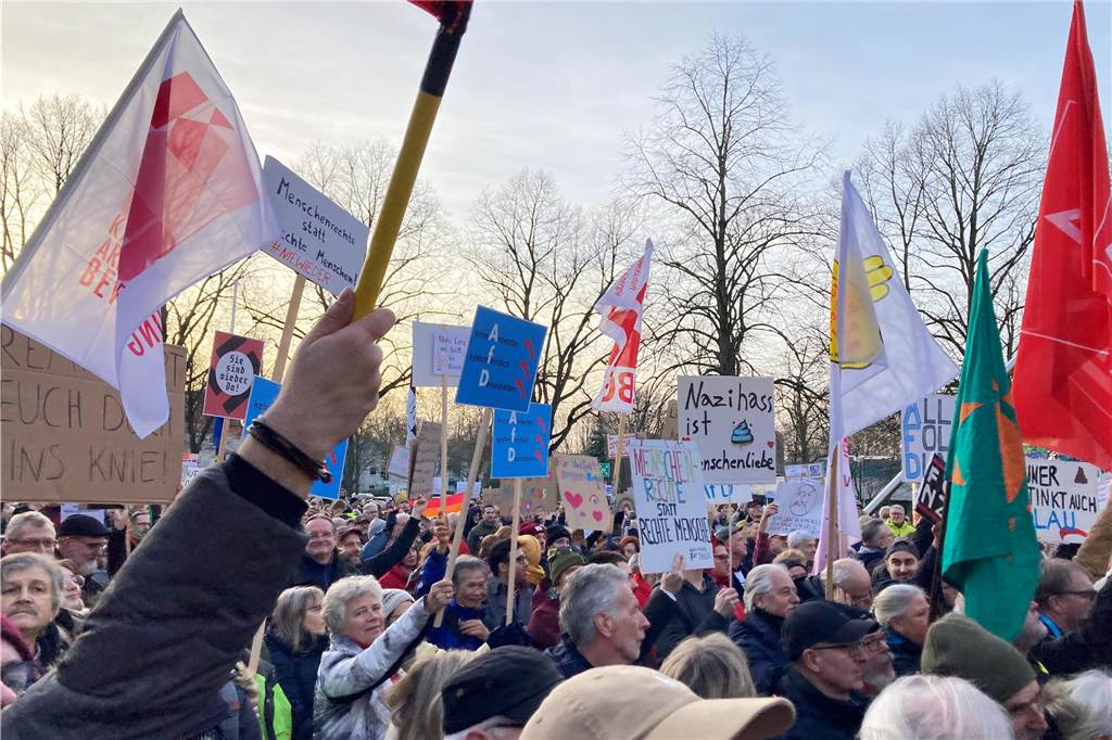In vielen Städten protestieren Tausende gegen Deportations-Vorstellungen und Rechtsextremismus. Hier sorgten die Marler für ein Fahnenmeer vor dem Theater.