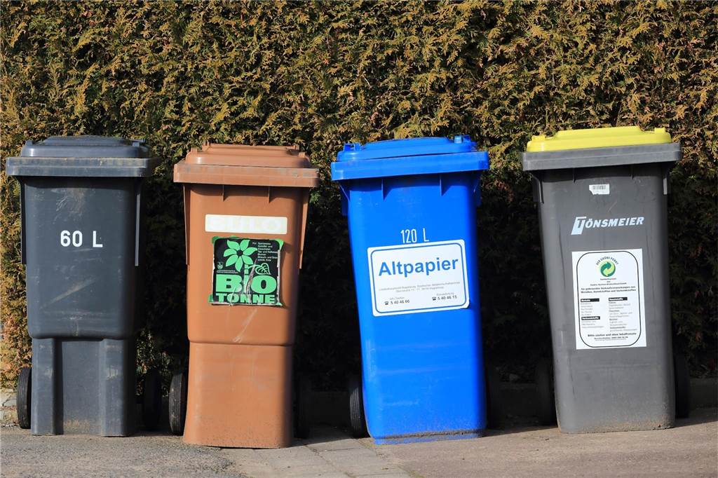 Geschenkpapier entsorgen : Altpapier, gelber Sack oder Restmüll? Mülltonnen für Hausmüll (schwarz), Bioabfälle (braun), Altpapier (blau) und Wertstoffe (gelb) stehen vor einer Hecke.
