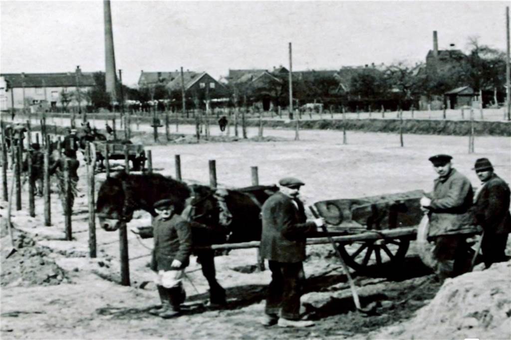 Rekord-Zahlen aus der Sim-Jü-Historie: 3500 Schweine wurden durch die Stadt getrieben Menschen stehen mit Pferden auf dem ehemaligen Mühlenfeld.