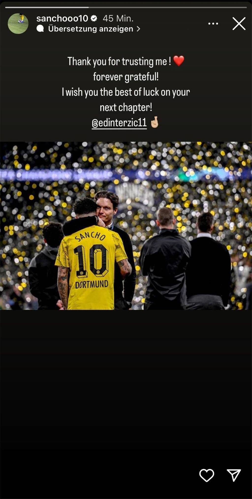 Terzic verlässt den BVB – Sahin klarer Favorit auf Nachfolge: Kehl-Zukunft geklärt Ein Screenshot von der Instagram-Story von Jadon Sancho.