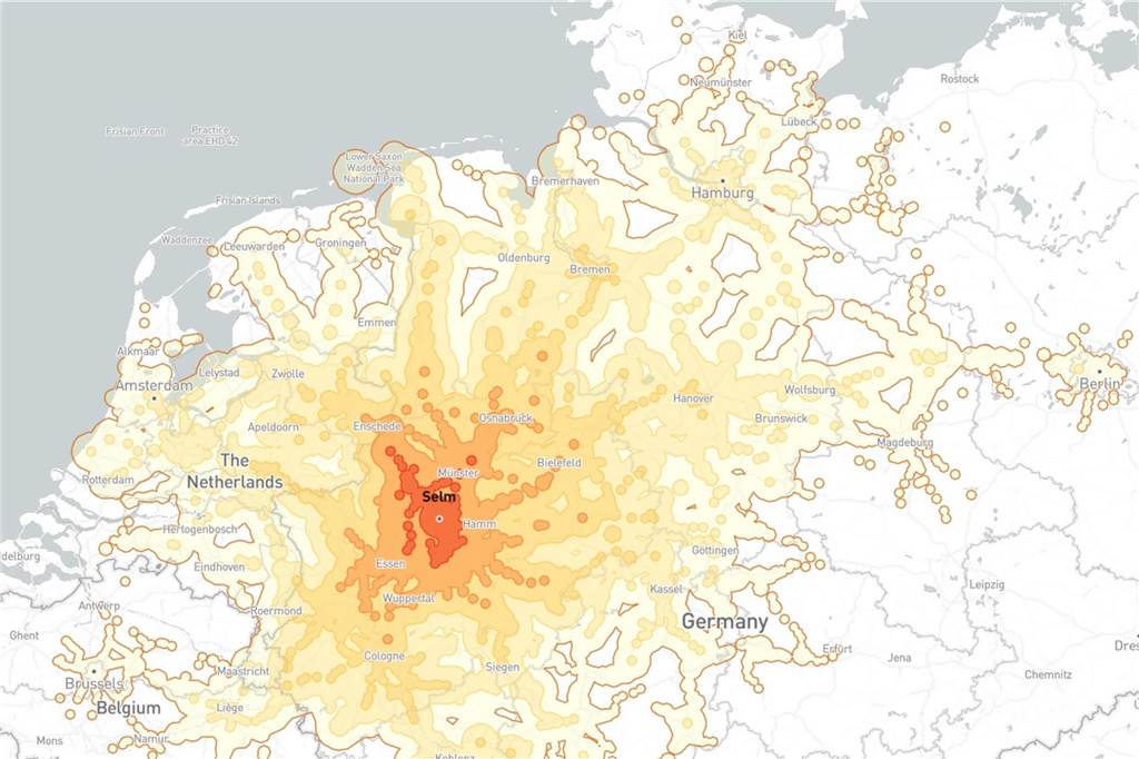 Nach Brüssel in fünf Stunden für 22 Euro: Online-Karte zeigt Zug-Fahrzeiten Je dunkler die Farbgebung, desto schneller ist das Ziel von Selm aus erreichbar.