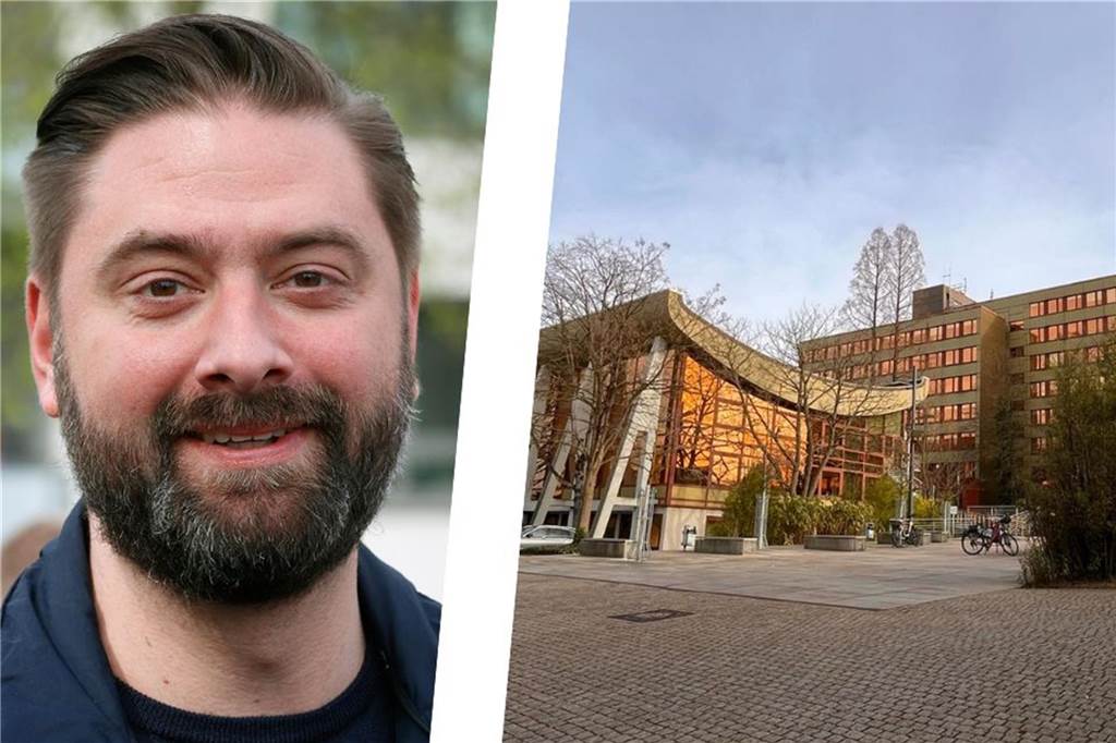 RAG baut Aufbereitungsanlage für Grubenwasser: Offiziell Lünener Gebiet Jens Toschläger in einer Bildmontage neben dem Rathaus von Bergkamen.