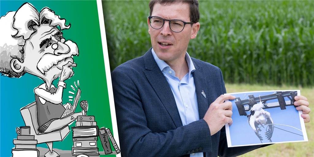 Frag doch Onkel Max: Sind Hochspannungsleitungen für Vögel tödlich? Johannes Enssle, Baden-Württembergs Landesvorsitzender des Naturschutzbunds, zeigt ein Foto eines Storchs, der in einer Stromleitung einen Stromschlag erlitt.