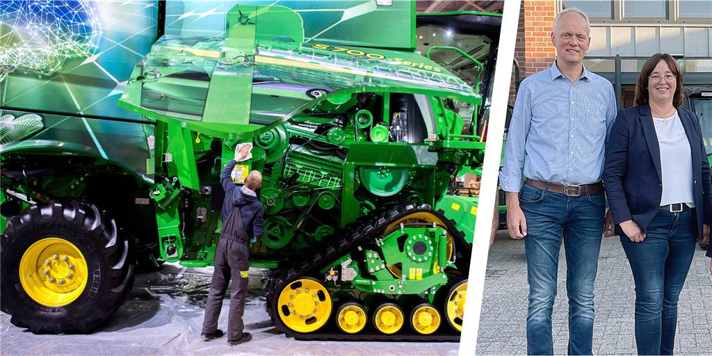 Übernahme: Landmaschinen Greving beackert jetzt auch das Rheinland John Deere (links ein Mähdrescher auf der Agritechnica); rechts: Michael Werlemann und Henrika Werlemann-Greving