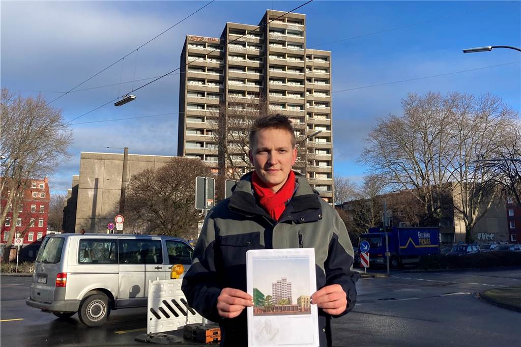 Revolution im Bauen beginnt mit Steineklopfen: Preis für junge Architekten Jonathan Schmalöer hat ein Konzept für den Erhalt des Hochhauses an der Kielstraße entwickelt.