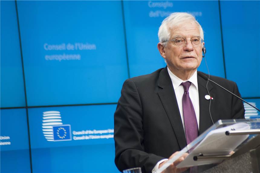 EU arbeitet unter Hochdruck an neuen Russland-Sanktionen Josep Borrell, EU-Außenbeauftrager aus Spanien, spricht nach einem Treffen des Europäischen Rates für Auswärtige Angelegenheiten in Brüssel.