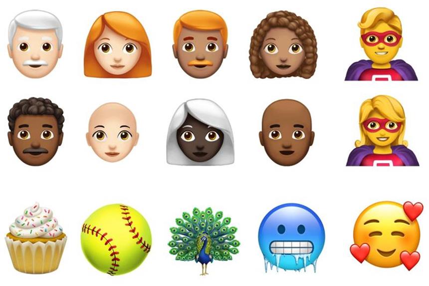 Kahler Mann, weißhaarige Frau und Superheldin kommen mit Hummer und Pfau zur Softball-Party und frieren. Diesen Satz können iOS-Nutzer ab Herbst auch komplett als Emoji-Zeichenfolge schreiben. Foto: Apple