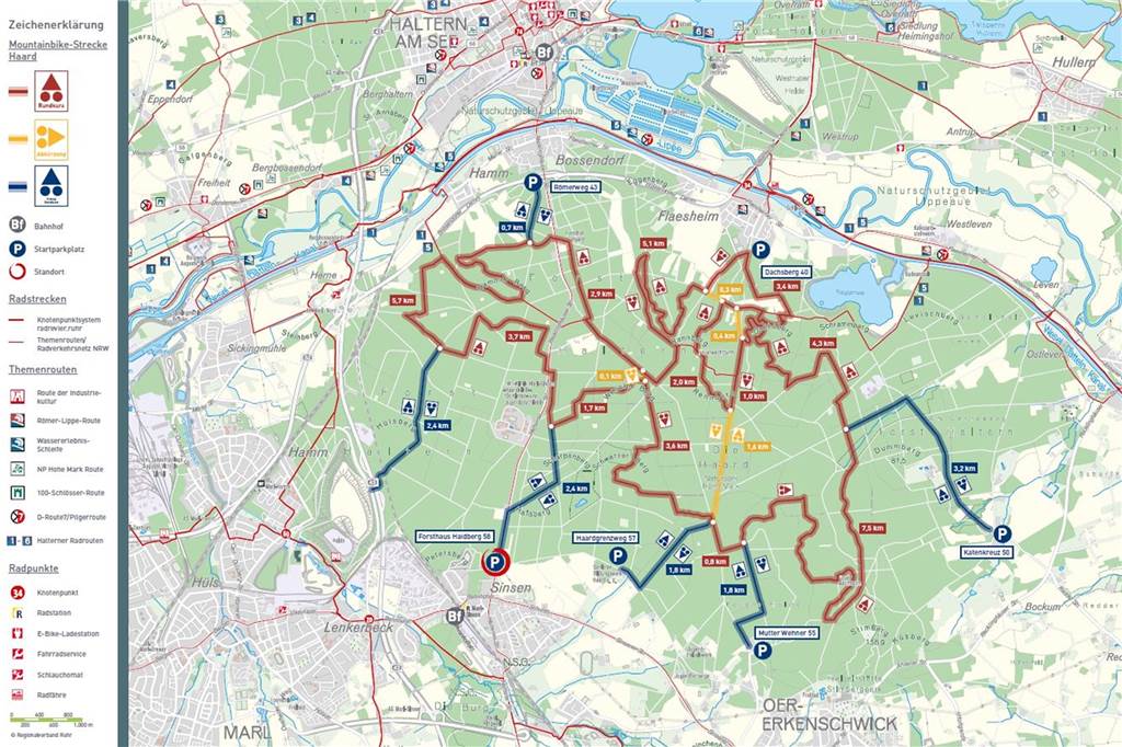 Sportliches Naturerlebnis: Auf dem Mountainbike durch die Haard Karte der neuen Mountainbike-Strecke durch die Haard: Rot ist der Rundkurs, gelb die Abkürzungswege und blau die Zugänge zum Rundkurs.