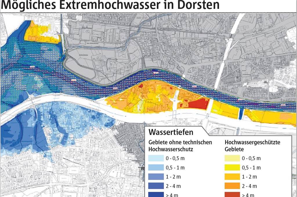 Horror-Szenario Hochwasser: So schützt Dorsten sich vor der Katastrophe Karten der Bezirksregierung Münster (hier ein Ausschnitt) zeigen, wie sich das Hochwasser im Katastrophenfall ausbreiten würde.