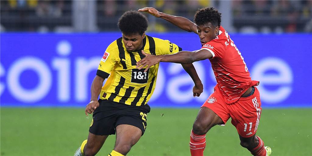 Mit Karim Adeyemi kommt die BVB-Wende gegen den FC Bayern Karim Adeyemi im Zweikampf mit Kingsley Coman.