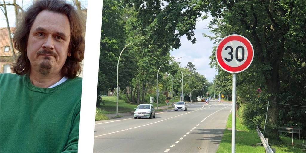 Tempo 30 in Werne: Anwohner fordert stadtweites Limit - mit Ausnahmen Ein Mann und ein Tempo-30-Schild.