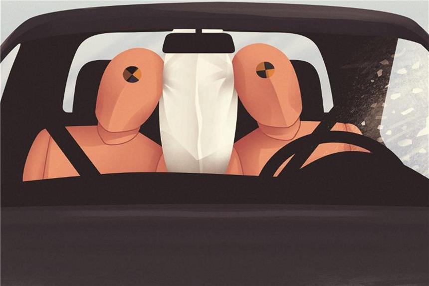 Knall auf Fall: Neue Airbags für noch mehr Sicherheit Kein Kuschelkissen: Dieser von ZF entwickelte Mittelairbag soll beispielsweise verhindern, dass die Passagiere beim Unfall gegeneinanderprallen. Foto: ZF Friedrichshafen AG