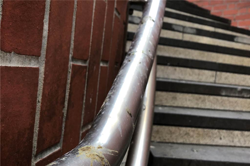 Die Deutsche Bahn verspricht Besserung für das Taubenproblem Kein schöner Anblick: Das Treppengeländer ist schon kurz nach der Reinigung voll mit Kot.