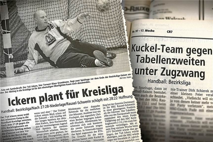 Der Bezirksliga-Drops war 2003 für den TuS Ickern gelutscht Keine positiven Schlagzeilen schrieben im April 2003 die Handballer des TuS Ickern. Sinnbild für den Abstieg in die des einstigen Oberligisten, war die Szene, in der Torwart Klaus Grundmann auf dem Hosenboden saß. Foto Stipke (A)/Montage Klose