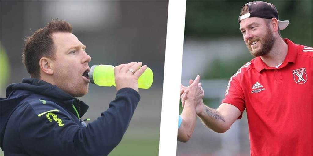 Video nach Bezirksliga-Derby: Schwerins Trainer beklagt schwache zweite Halbzeit Kennen sich aus ihrer gemeinsamen Zeit bei der SG Castrop: Schwerins Coach Dennis Hasecke (l.) und SG-Coach Tino Westphal.