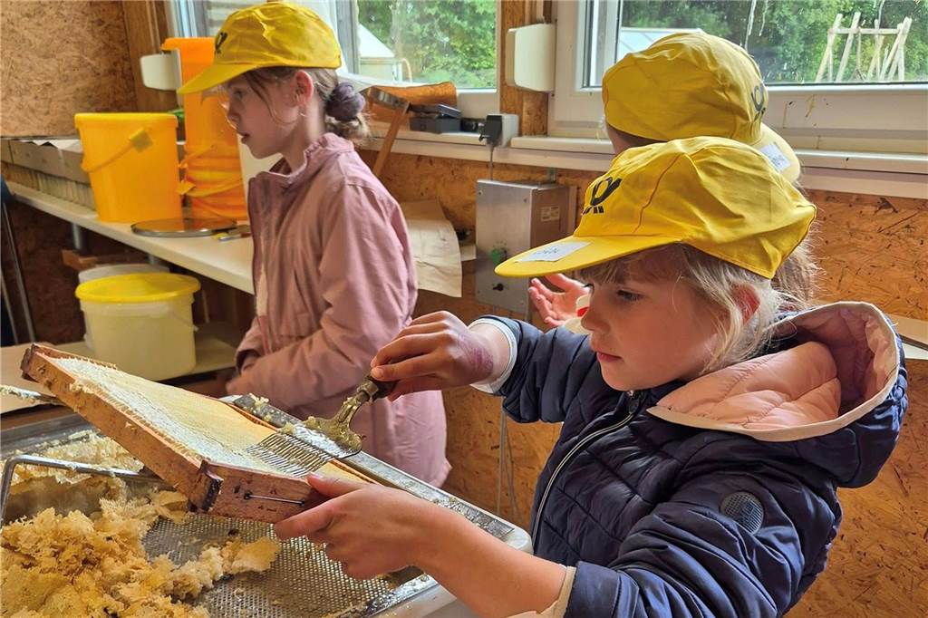 Einblicke in das Reich der Bienen beim Imker Egon Unterberg Kinder mit Honigwaben