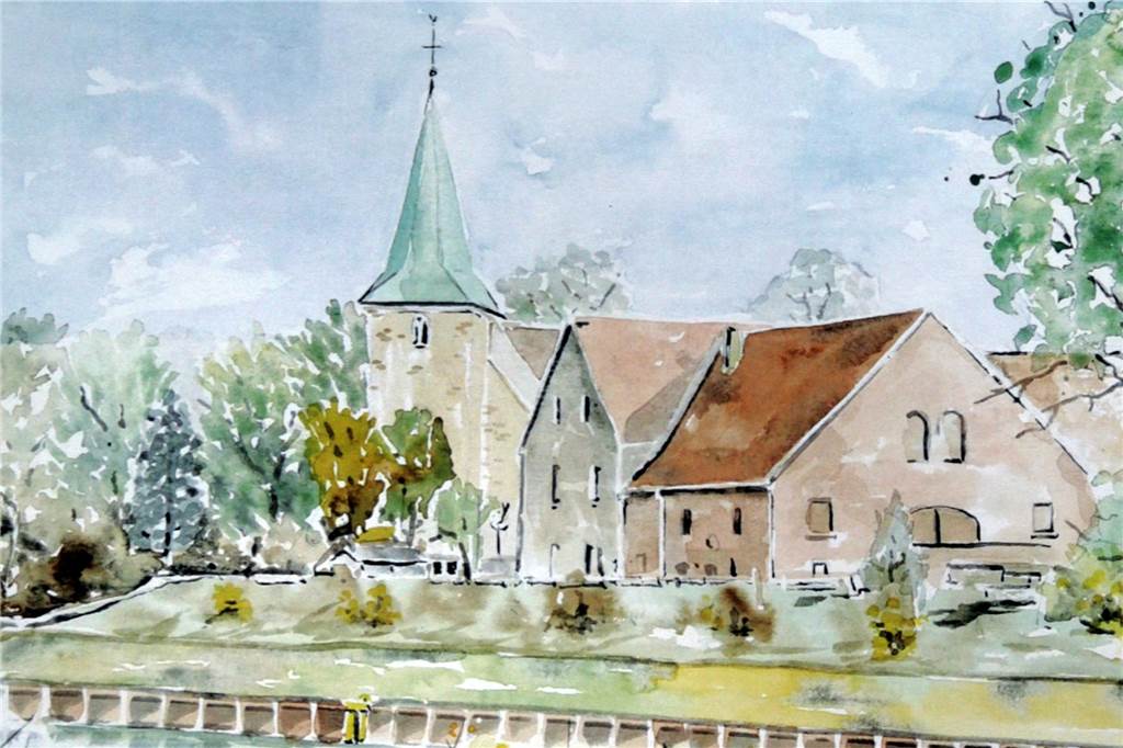 Vier Städte, vier Kalender: Manfred Vorholt malt für das Klara-Hospiz Klara Kalender in Haltern: Kirche Heilig Kreuz in Hamm-Bossendorf.