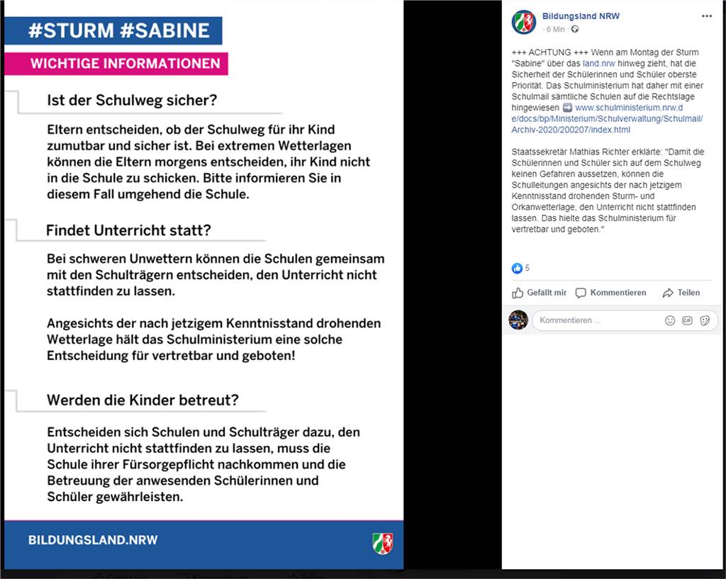 Orkan „Sabine“ naht – Was auf Dortmund jetzt zukommt Laut dieses Facebook-Posts hält das NRW-Schulministerium Schulschließungen am Montag (10. Februar) für durchaus möglich.