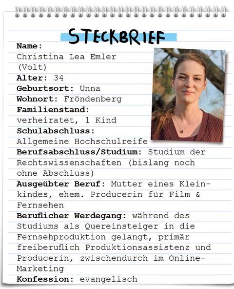 Steckbrief der Bundestagskandidatin Lea Emler (Volt) aus Fröndenberg.