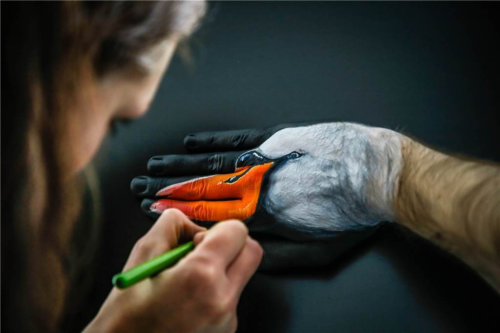 Bodypainterin Gesine Marwedel verwandelt Menschen in Tiere – „Mein lieber Schwan“ Letzte Korrekturen: Auf dem schwarzen Hintergrund kommt der Schwan am besten zur Geltung.