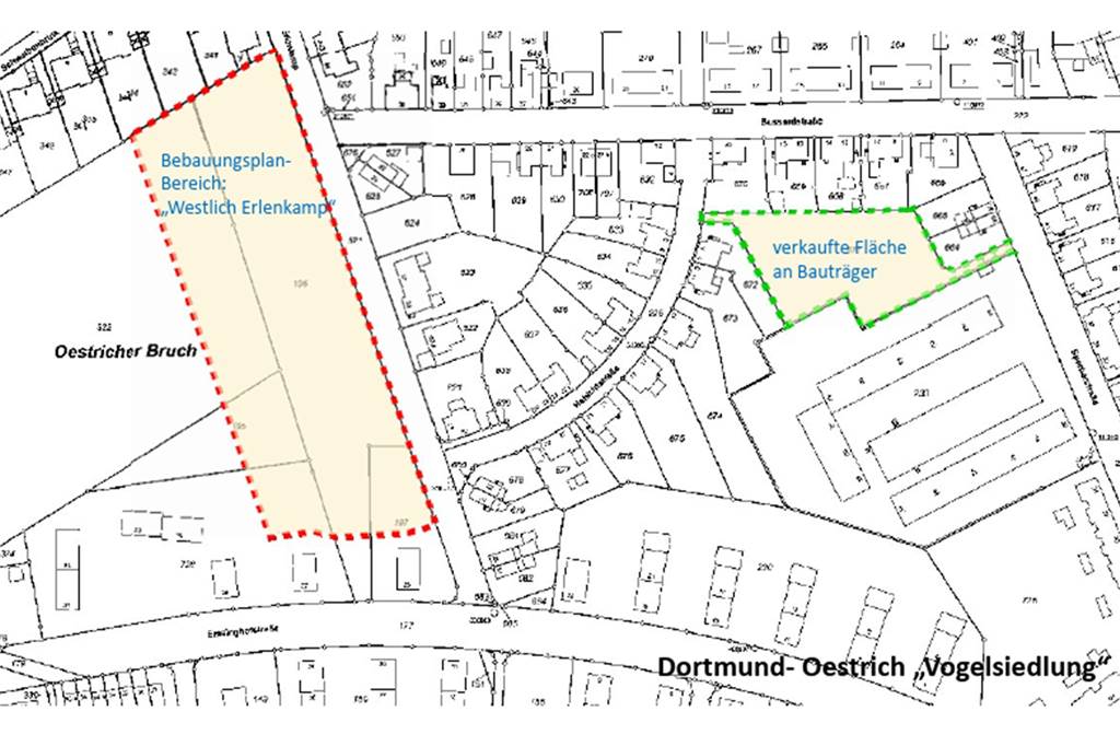 Neubaugebiet in Dortmund: Das plant der Bauträger Links ist die Fläche eingezeichnet, für die das Bebauungsplan-Verfahren noch läuft. Rechts ist die Fläche zu sehen, die sobald die Baugenehmigung vorliegt, bebaut wird.