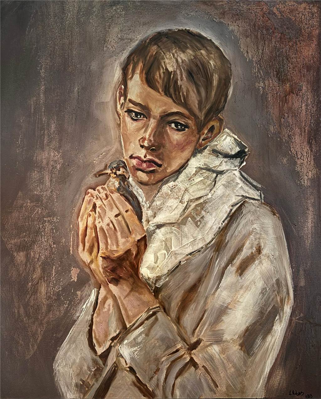 Junge mit Specht auf einem Gemälde von Ludmilla Robers