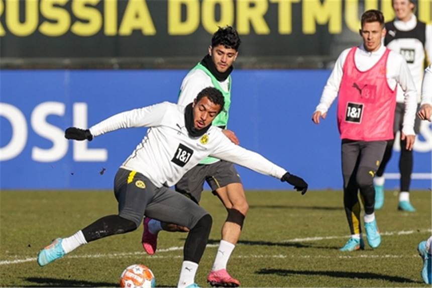 Bittere BVB-Diagnosen bei Reyna und Hummels – weiterer Stammspieler wird ausfallen Mahmoud Dahoud (hinten) und Donyell Malen kämpfen bei einem BVB-Training um den Ball.