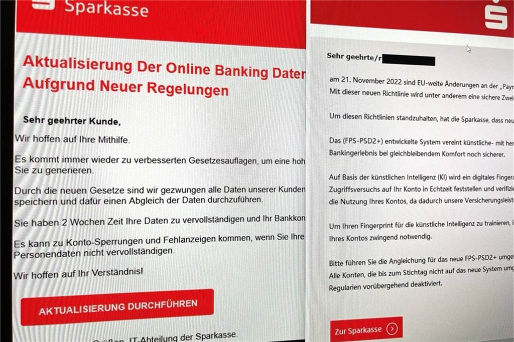 Gefahr für Sparkassen-Kunden durch Betrugsmasche: So erkennen Sie die Phishing-Mails Screenshots von Sparkassen Phishing-Mails.