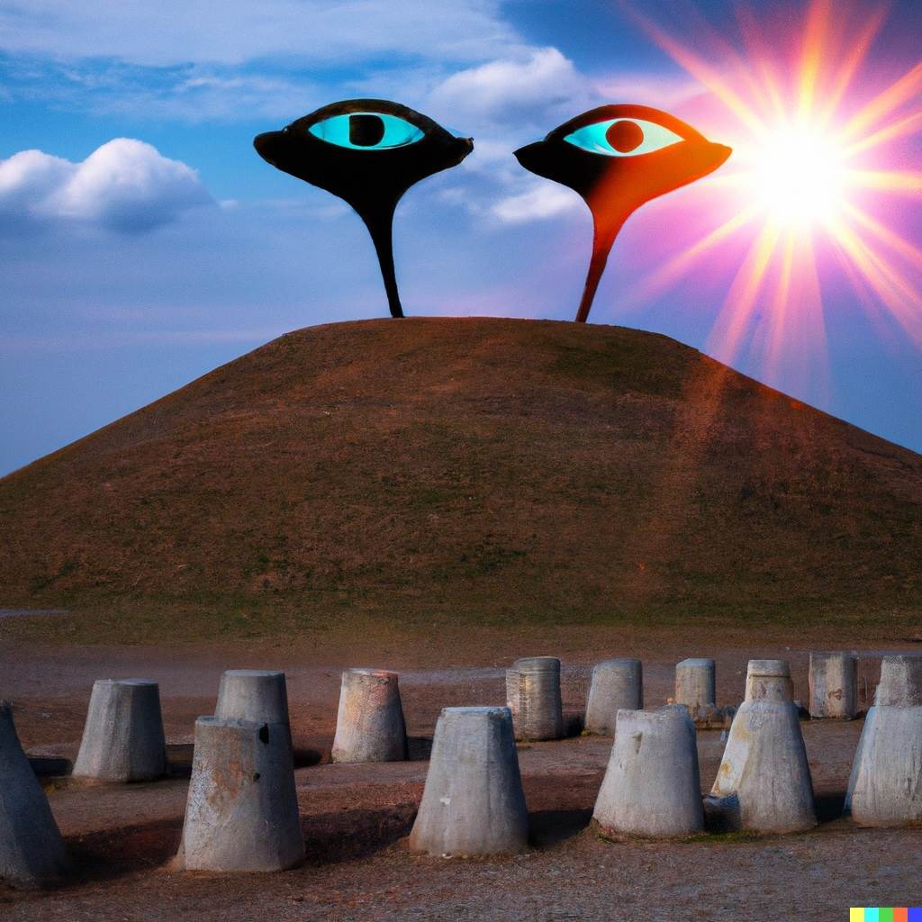 Zwei Augen wachsen aus einem Hügel im Vordergrund liegen Betonklötze. 
