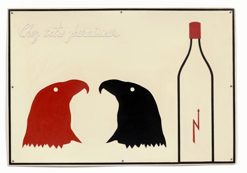Marcel Broodthaers' Arbeit "Chez votre fournisseur Le vinaigre des Aigles (Bei ihrem Händler Adleressig, 1968).