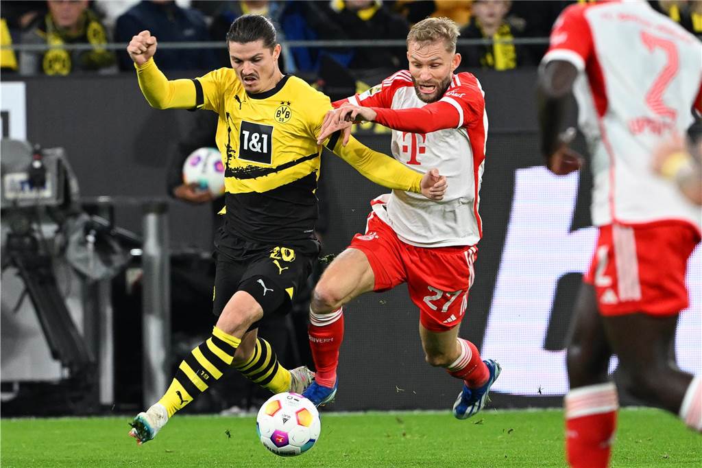 FC Bayern gegen den BVB live: So sehen Sie das Topspiel in TV und Stream Marcel Sabitzer im Zweikampf.
