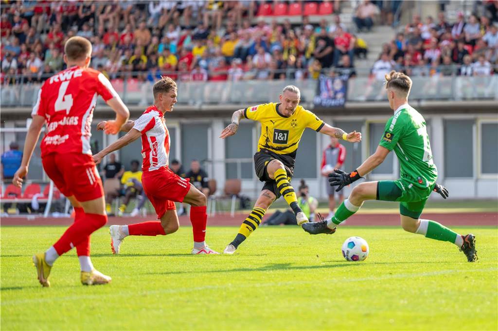 Viele BVB-Defizite beim Nmecha-Debüt gegen Erfurt: Hazard und Wolf sichern späten 2:1-Sieg Marius Wolf schießt den Ball ins Tor.