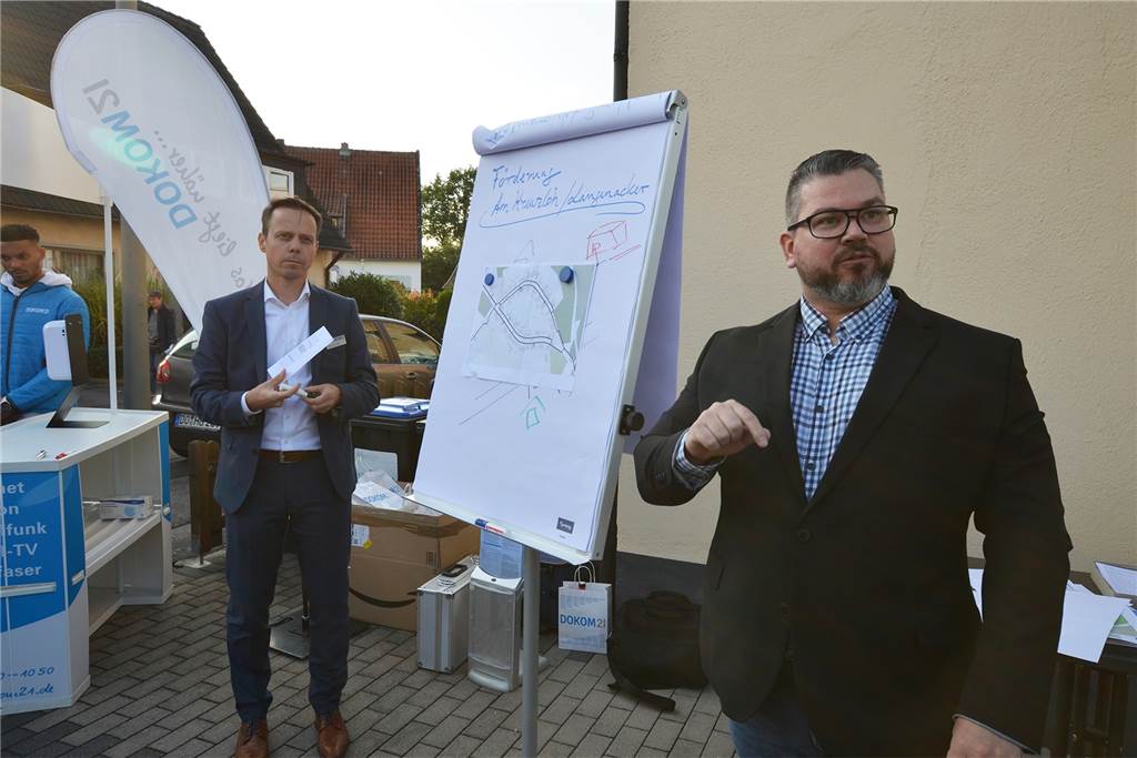 Glasfaser-Anschlüsse: Schnelles Internet für das „ungewollte Dorf“ Markus Isenburg von Dokom21 (l.) und der städtische Gigabit-Beauftragte Björn Meder stellten die neuen Ausbaupläne für Langenacker und Am Kreuzloh vor.