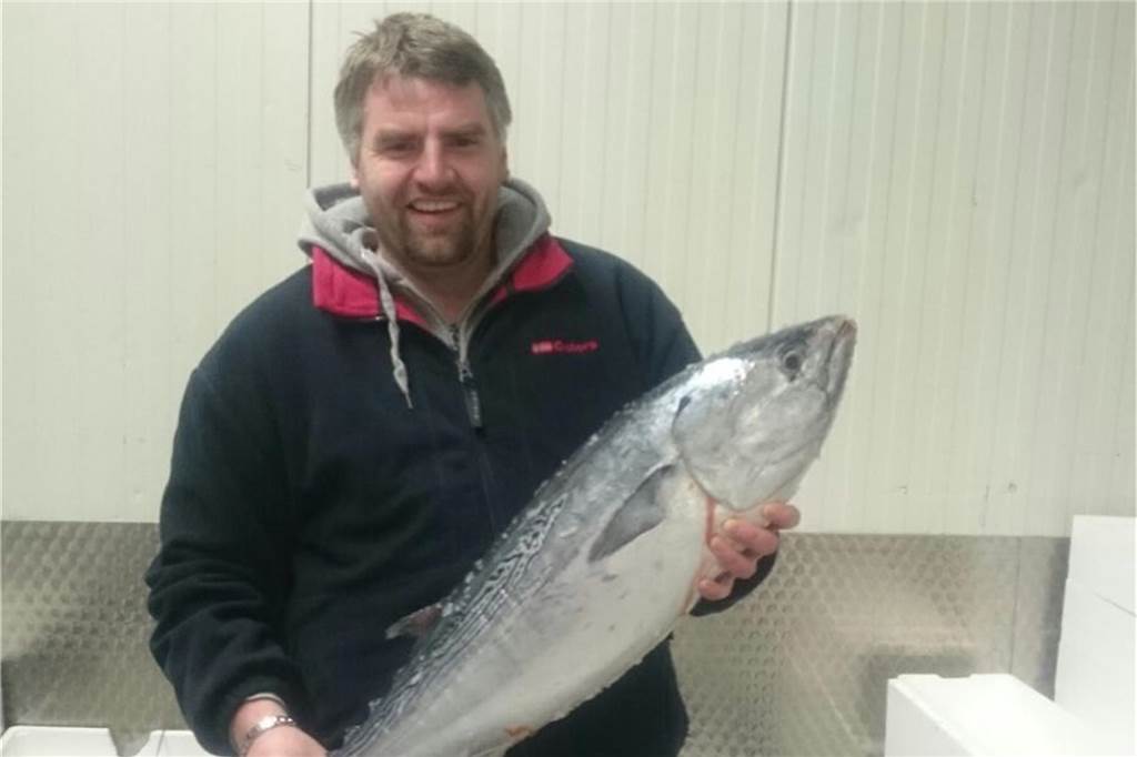 Fischhandel Meisfeld folgt Gimmerthal-Fischstand auf dem Wochenmarkt Markus Niesel von Meisfeld Fisch- und Feinkosthandel mit einem großen Fisch.