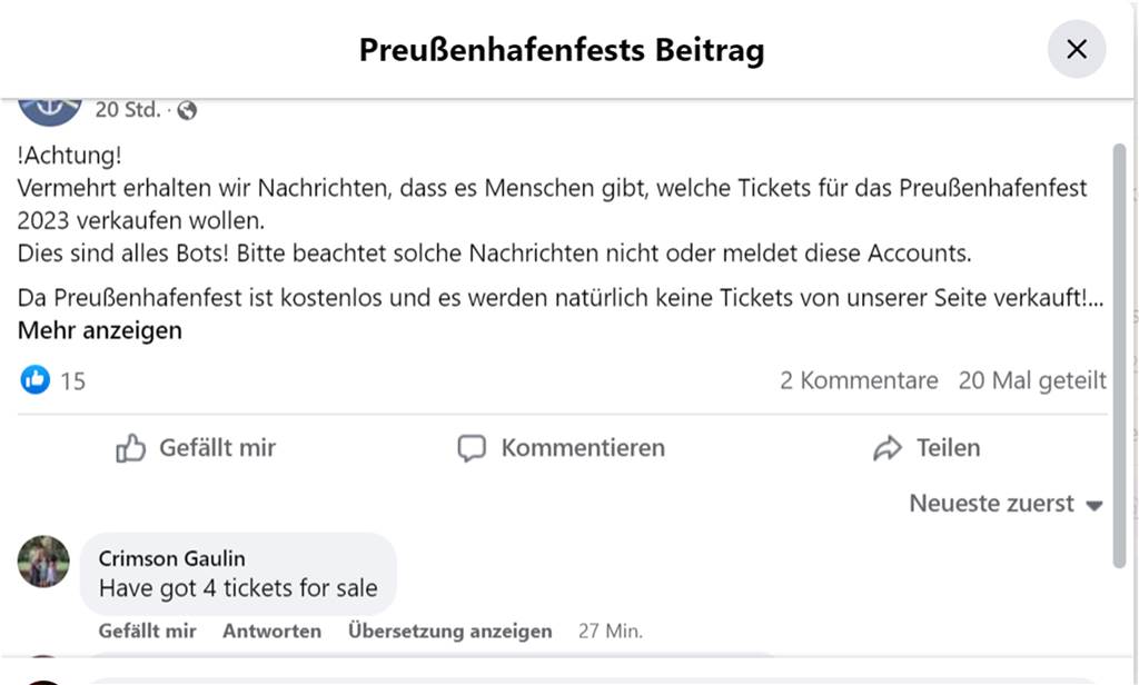 Falsche Tickets im Umlauf: Betrüger verkaufen Karten für Preußenhafenfest Facebook-Screenshot
