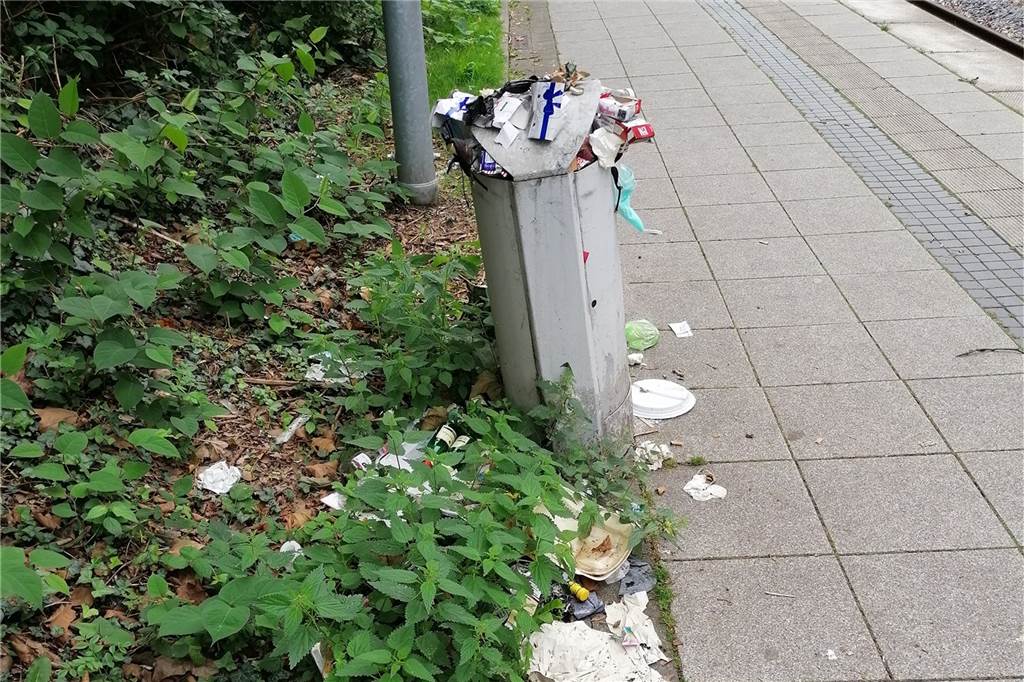 Mehrere Mülleimer quellen über.