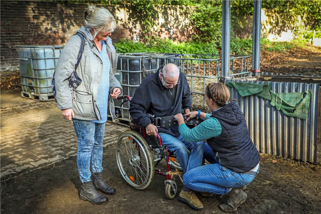 Diagnose Multiple Sklerose – auf dem Rücken eines Pferdes blüht schwerkranker Patient auf Michelle Bartel legt Dieter Hanke einen Körpergurt an. So kann sie ihn während der gesamten Reiteinheit festhalten und sichern.