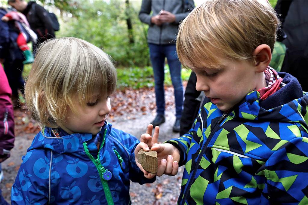 Wanderer finden fossile Schätze aus der Kreidezeit in der Haard Mika (l.) und Piet haben einen Muschelabdruck gefunden.
