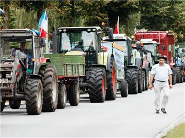 Milchbauern starten in Hohenwestedt (Schleswig-Holstein) mit ihren Fahrzeugen zu einer bundesweiten Staffelfahrt nach München. Foto: Markus Scholz