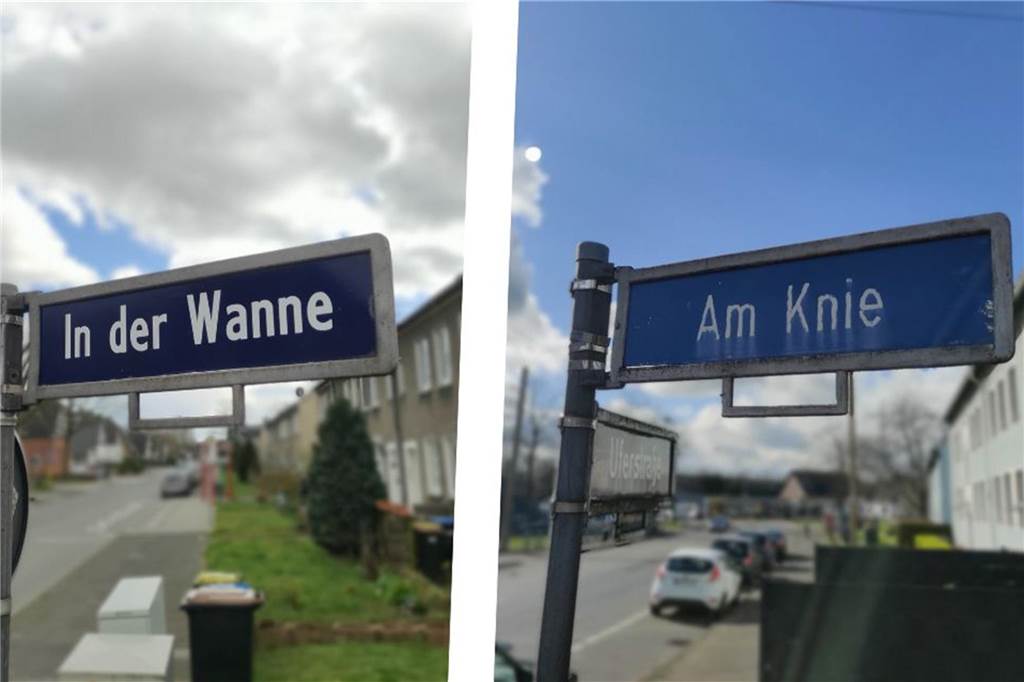 Die kuriosesten Straßennamen in der Stadt und deren Bedeutung Straßenschilder "In der Wanne" und "Am Knie"