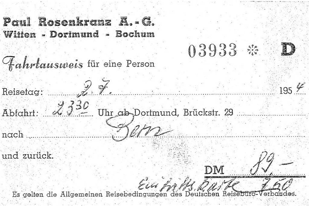 Heinz Hiller aus Bodelschwingh erlebte live das „Wunder von Bern“ Faksimile vom Fahrtausweis des Busunternehmens Paul Rosenkranz nach Bern.